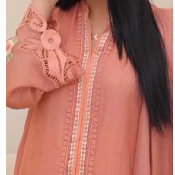 Elegant Peach Embroidered Long Dress 3Pc - Picture 4 of 9